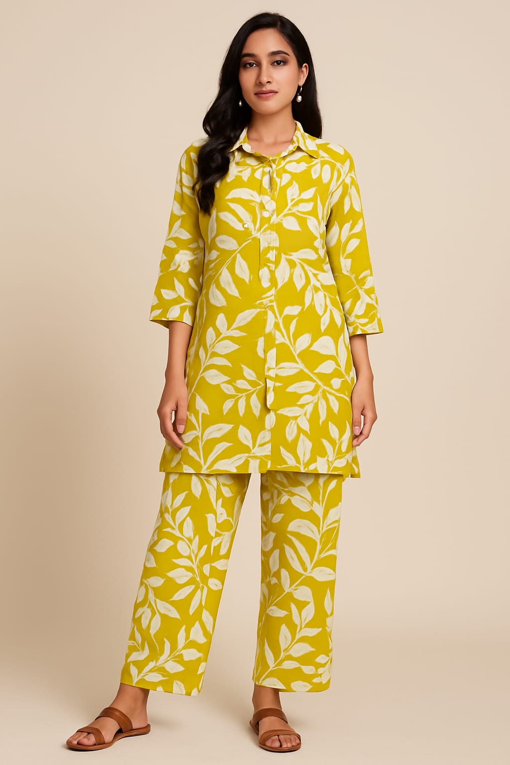 Yellow leaf-print two-piece set