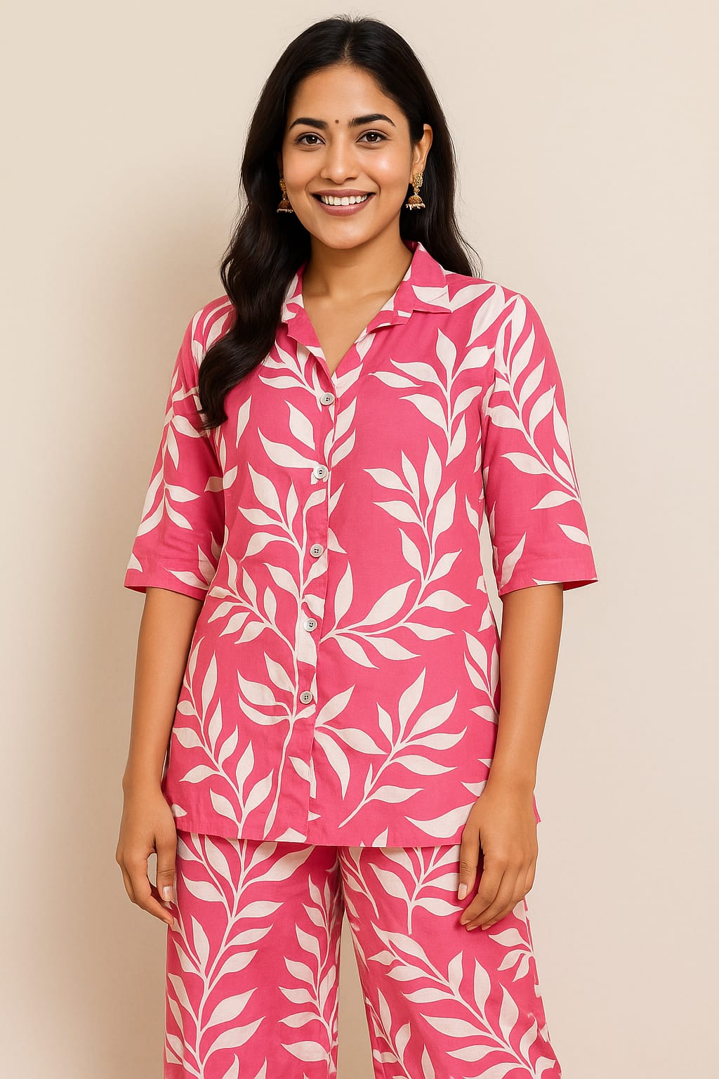 Pink Leaf Print Pajama Set