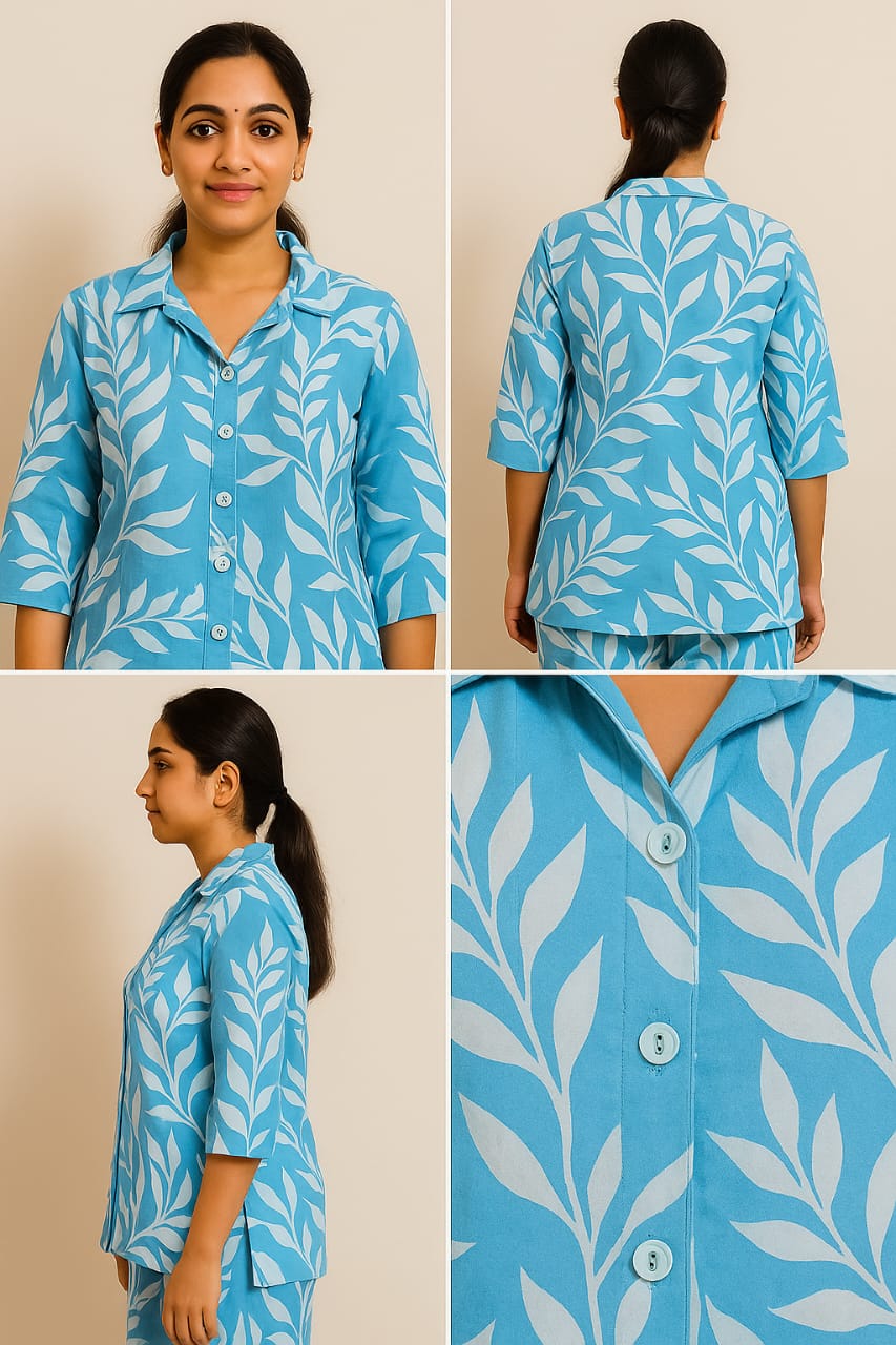 Blue Leaf Print Cotton Pajama Set