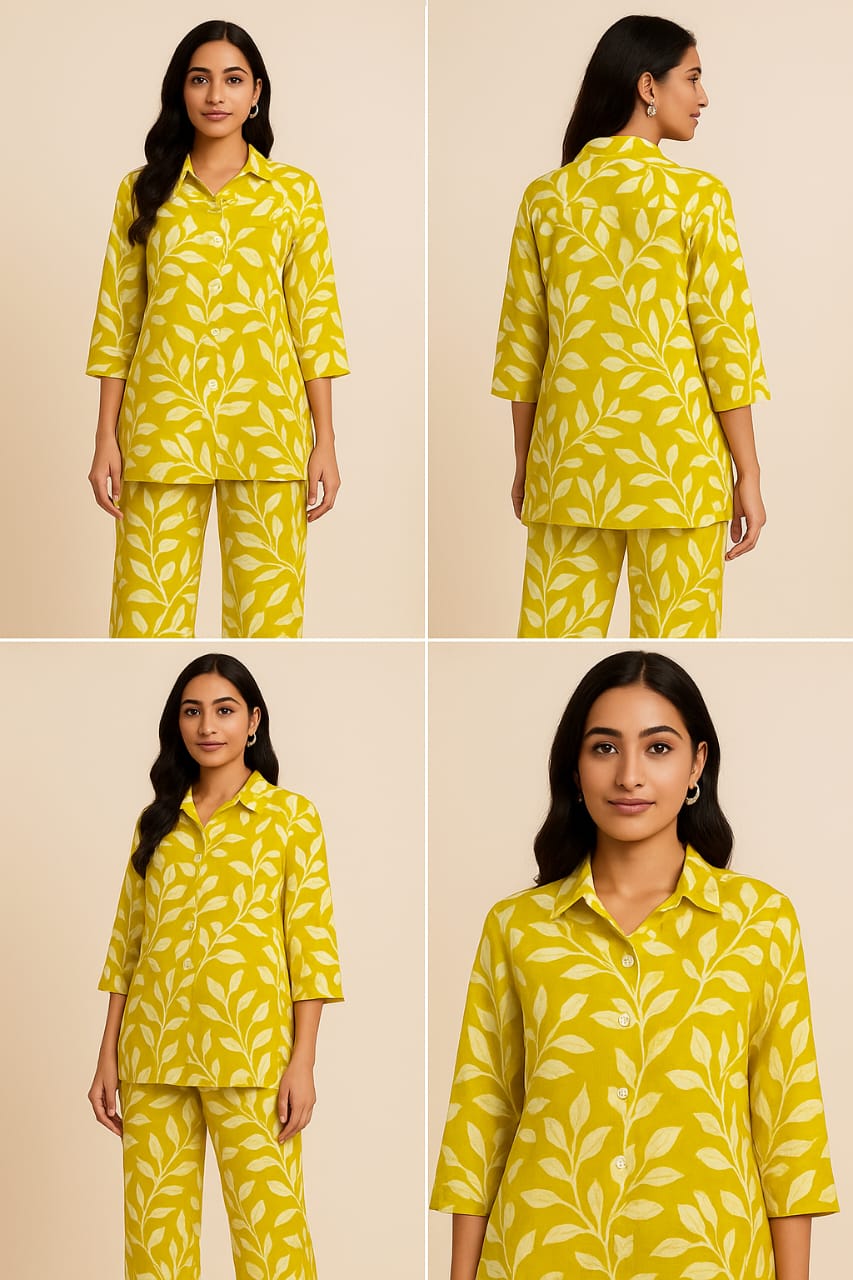 Yellow leaf-print two-piece set