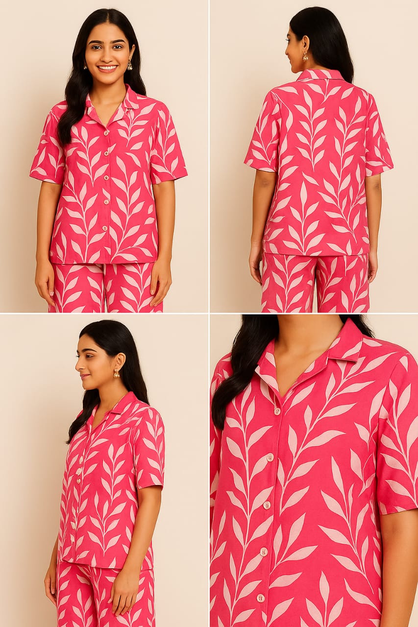 Pink Leaf Print Pajama Set
