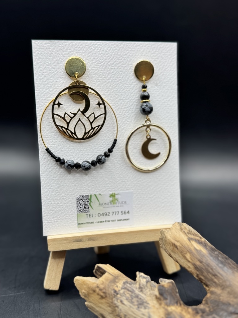 Boucles d'oreilles pendentif lune et lotus