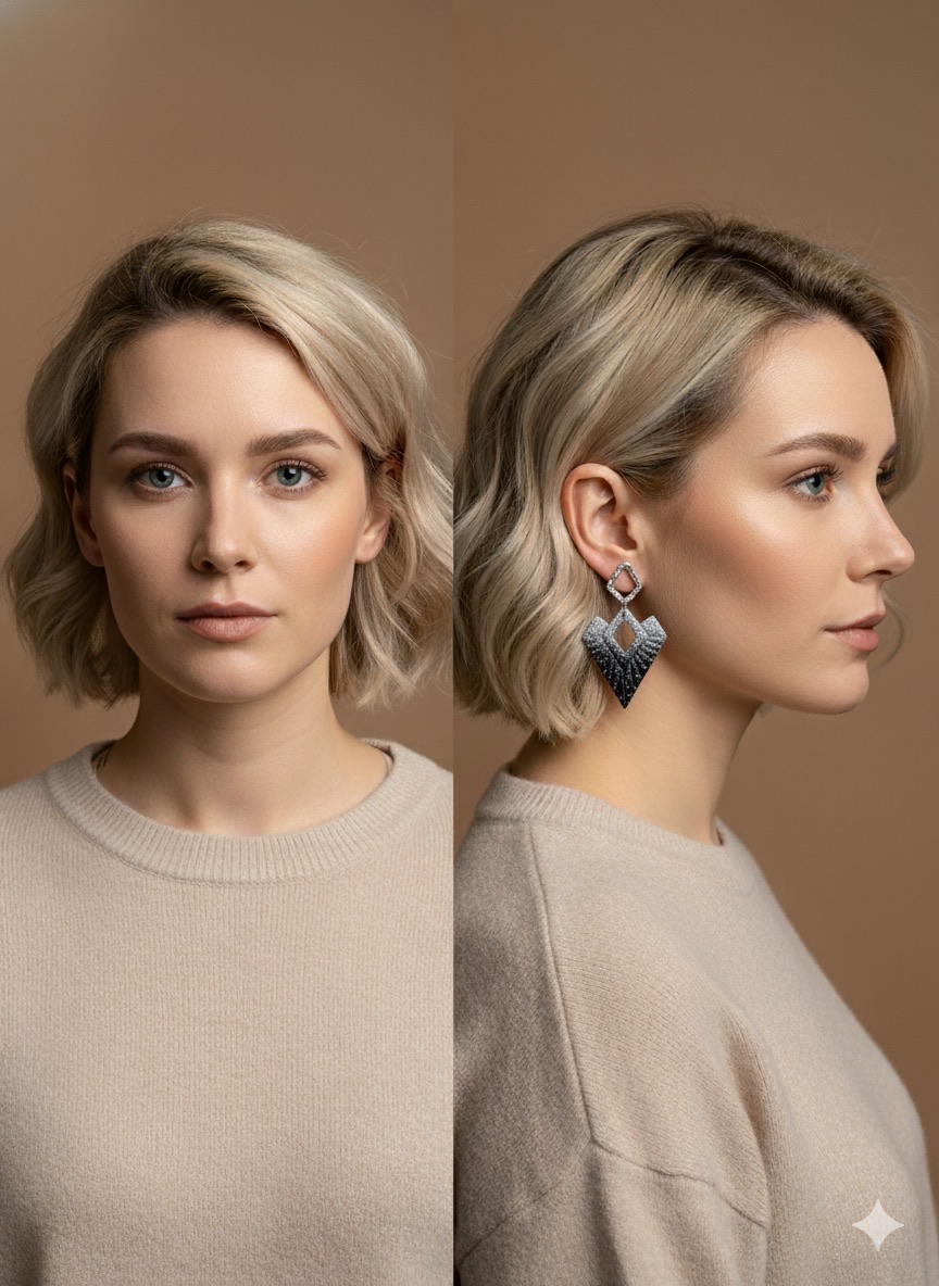 Boucles d'oreilles géométriques en acier argenté et pâte polymère. 