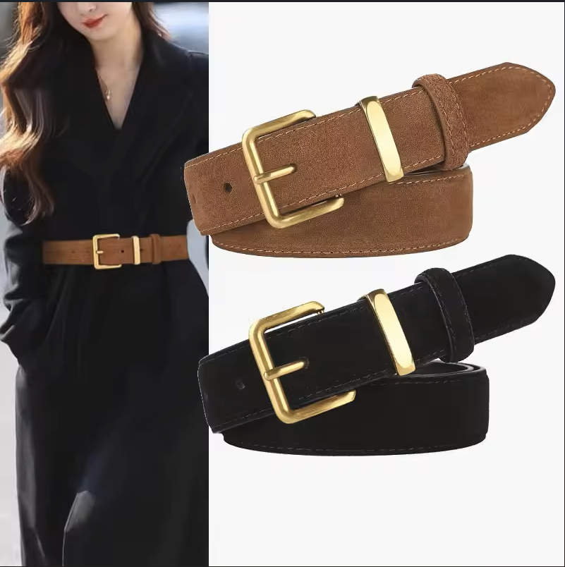 Suede Leather Belt with Gold Buckle