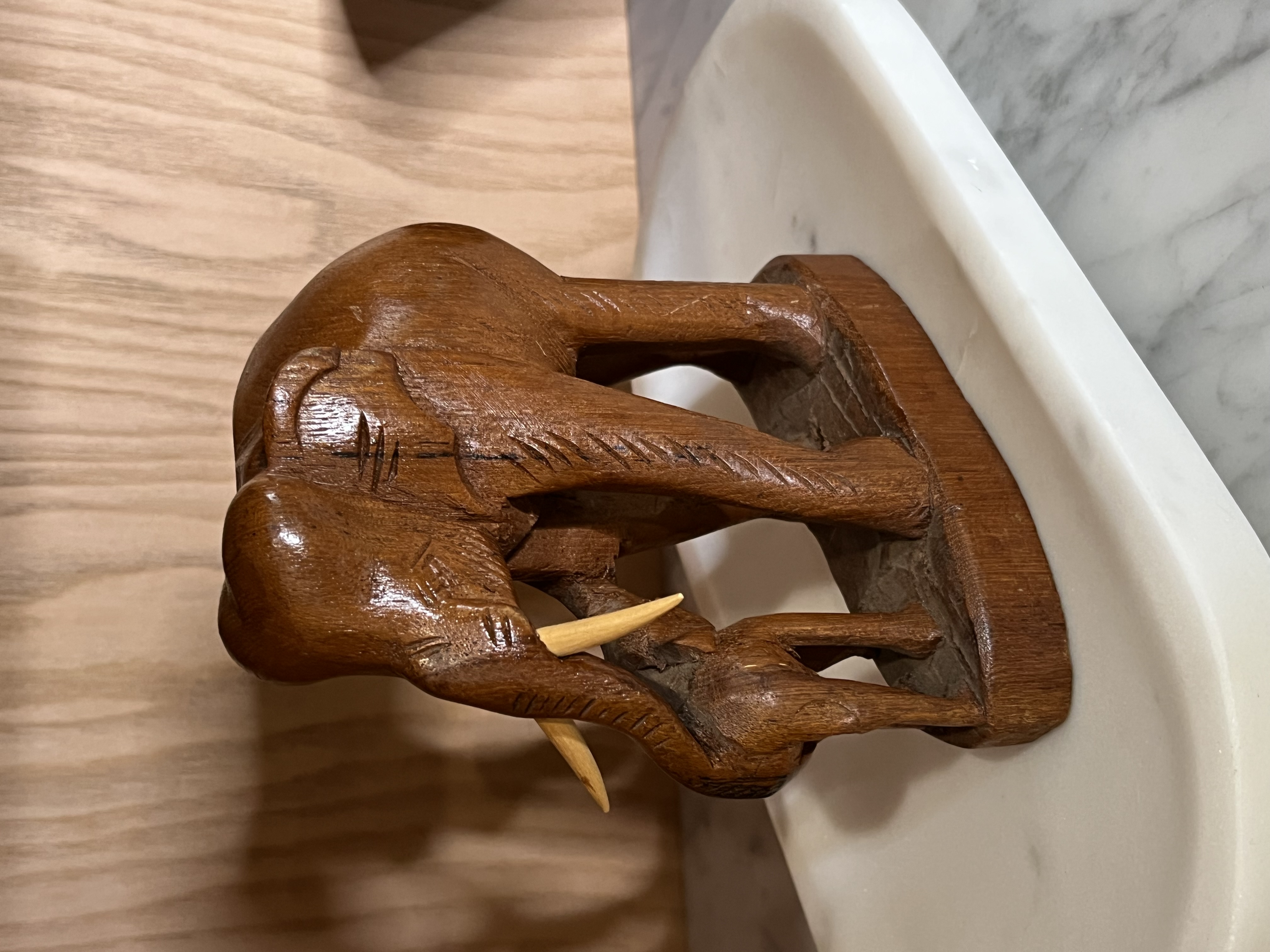 Vintage Hand Carved Wooden Elephant Figurine Detailed with Tusks