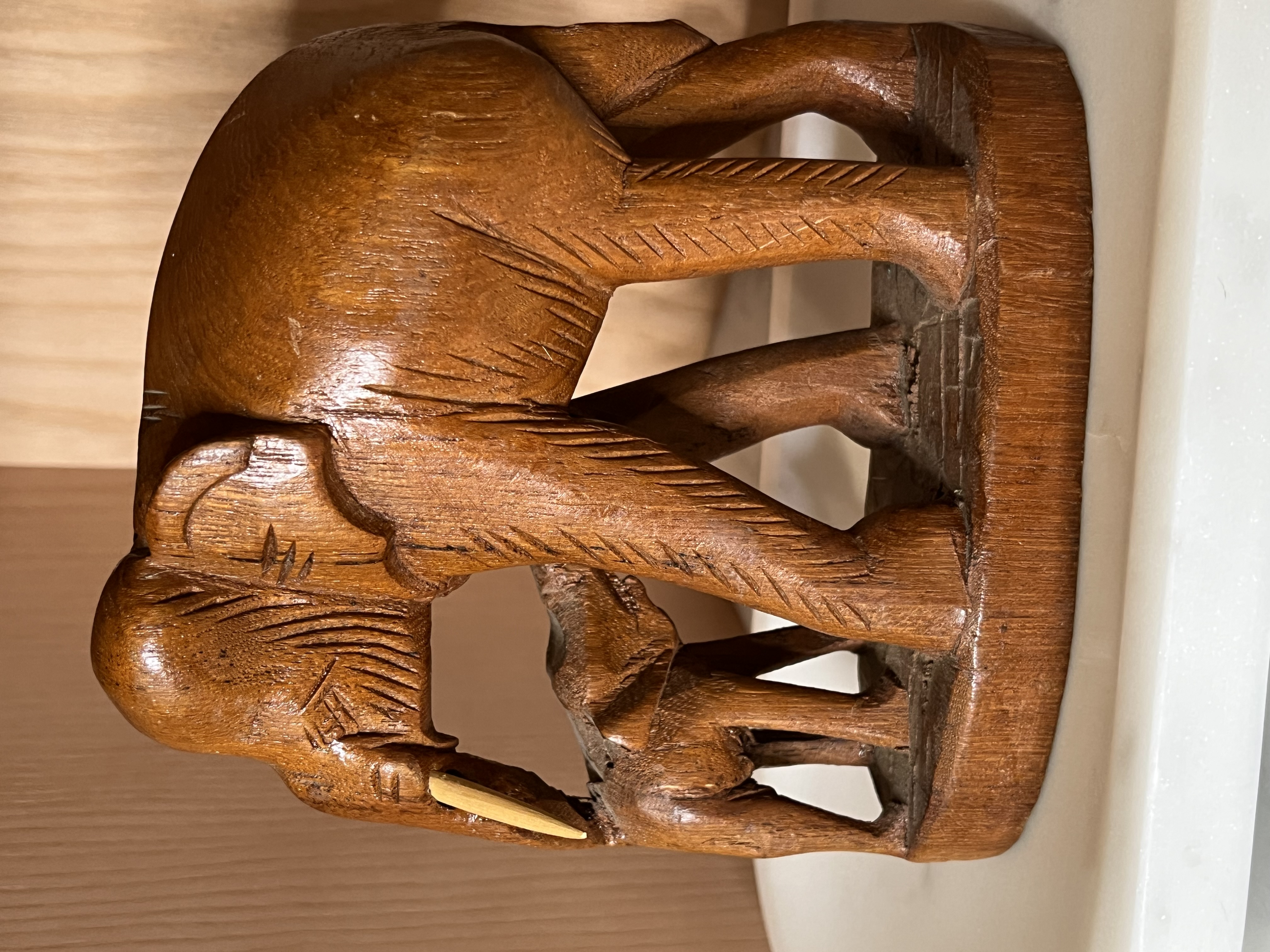 Vintage Hand Carved Wooden Elephant Figurine Detailed with Tusks