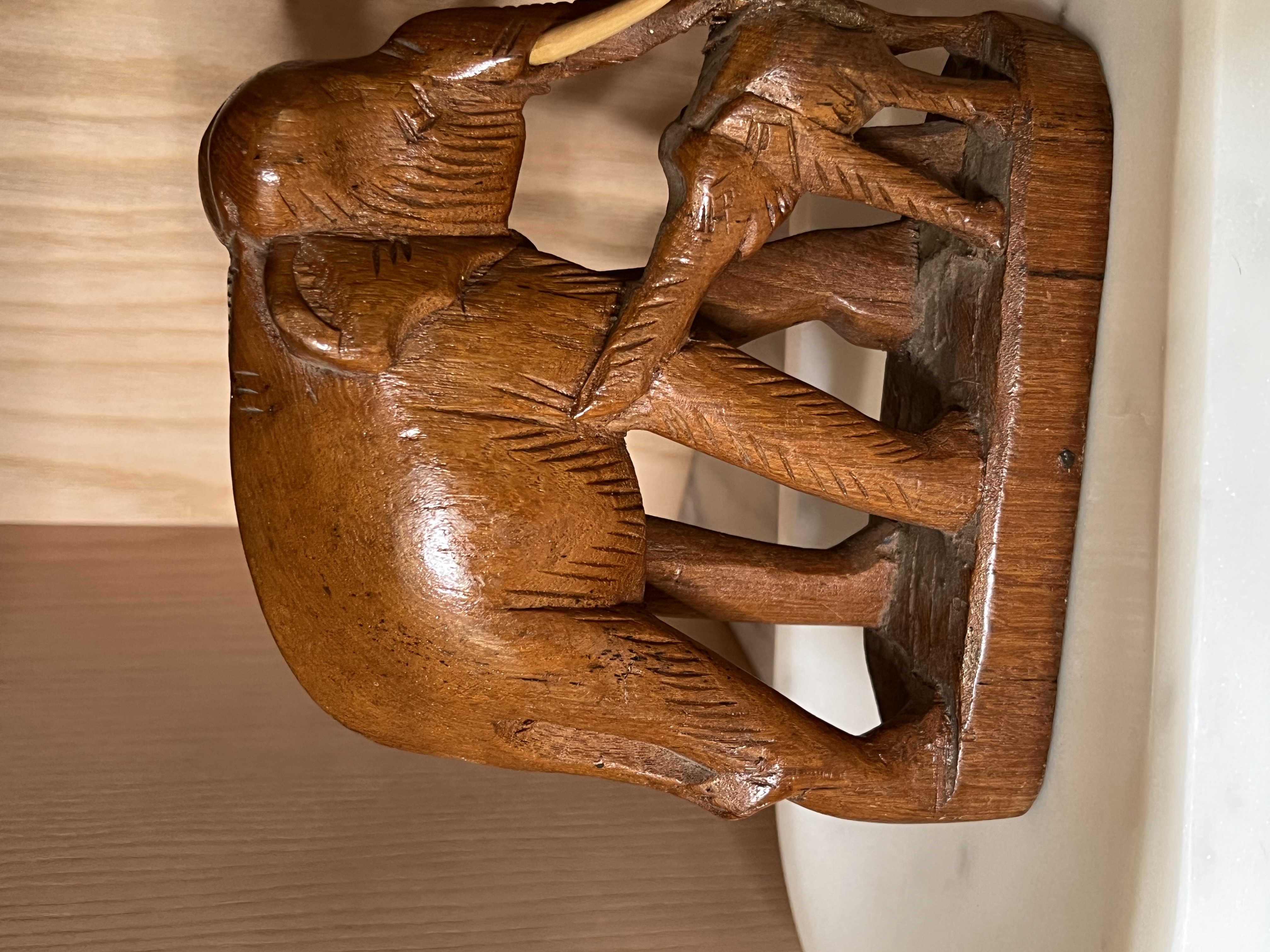 Vintage Hand Carved Wooden Elephant Figurine Detailed with Tusks