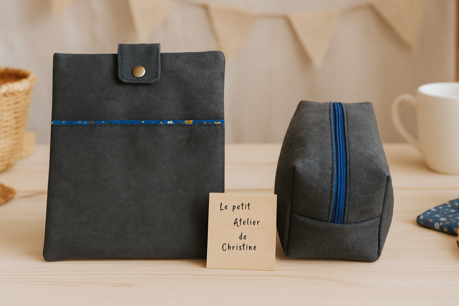 Pochette et trousse en tissu gris