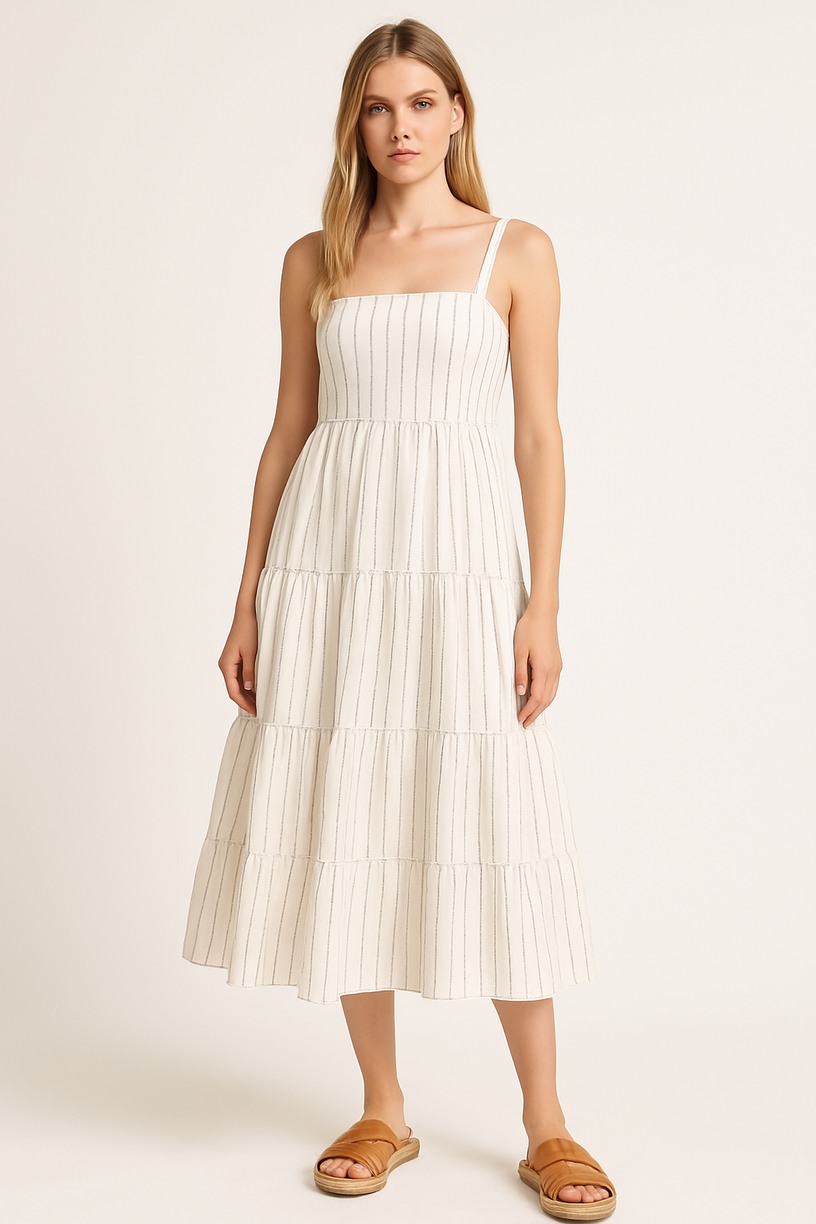 Vestido Midi de Alças com Babados e Listras Finas