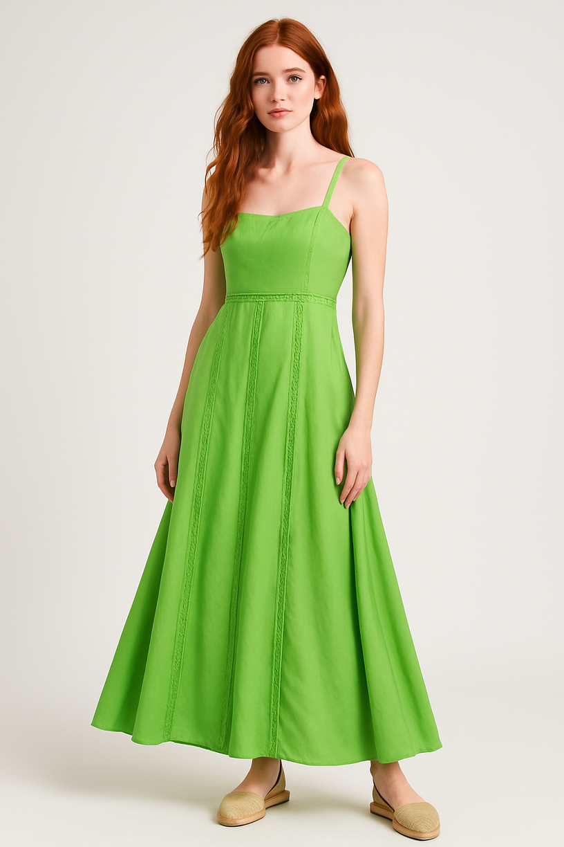 Vestido Longo Alças Finas com Detalhes em Renda