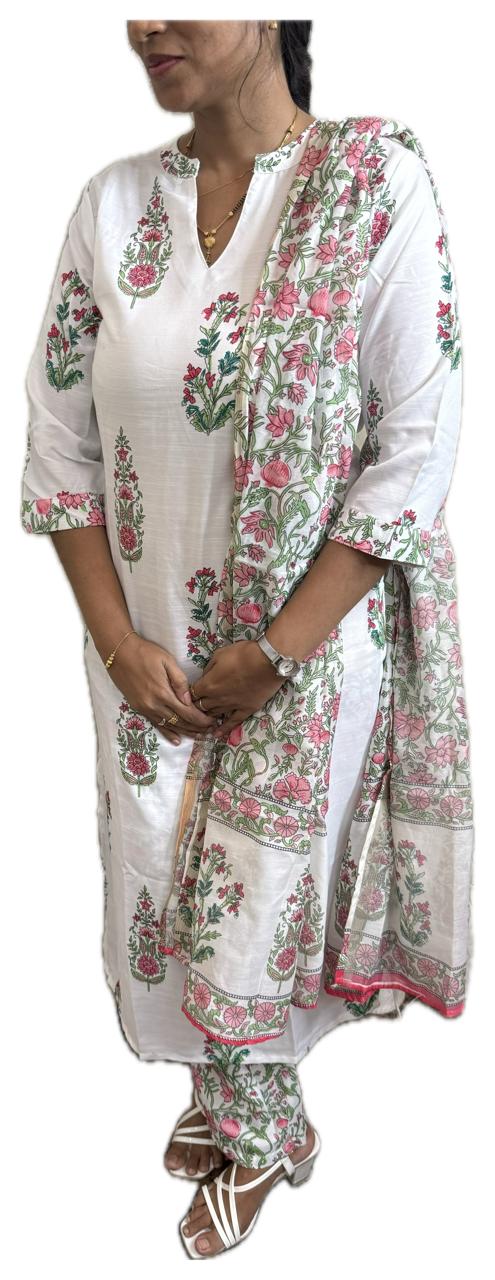 White Floral Printed Cotton Suit Set