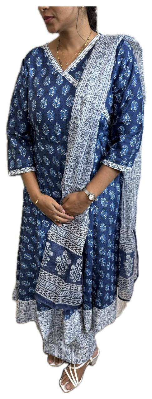 Blue Printed Cotton Salwar Kameez Set