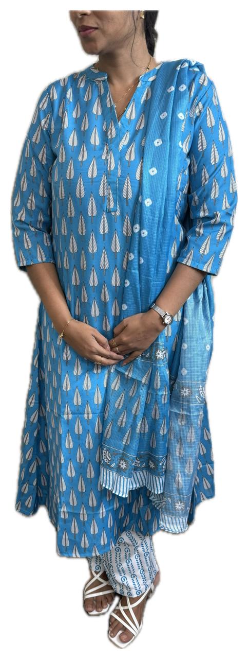 Blue Printed Cotton Salwar Suit Set