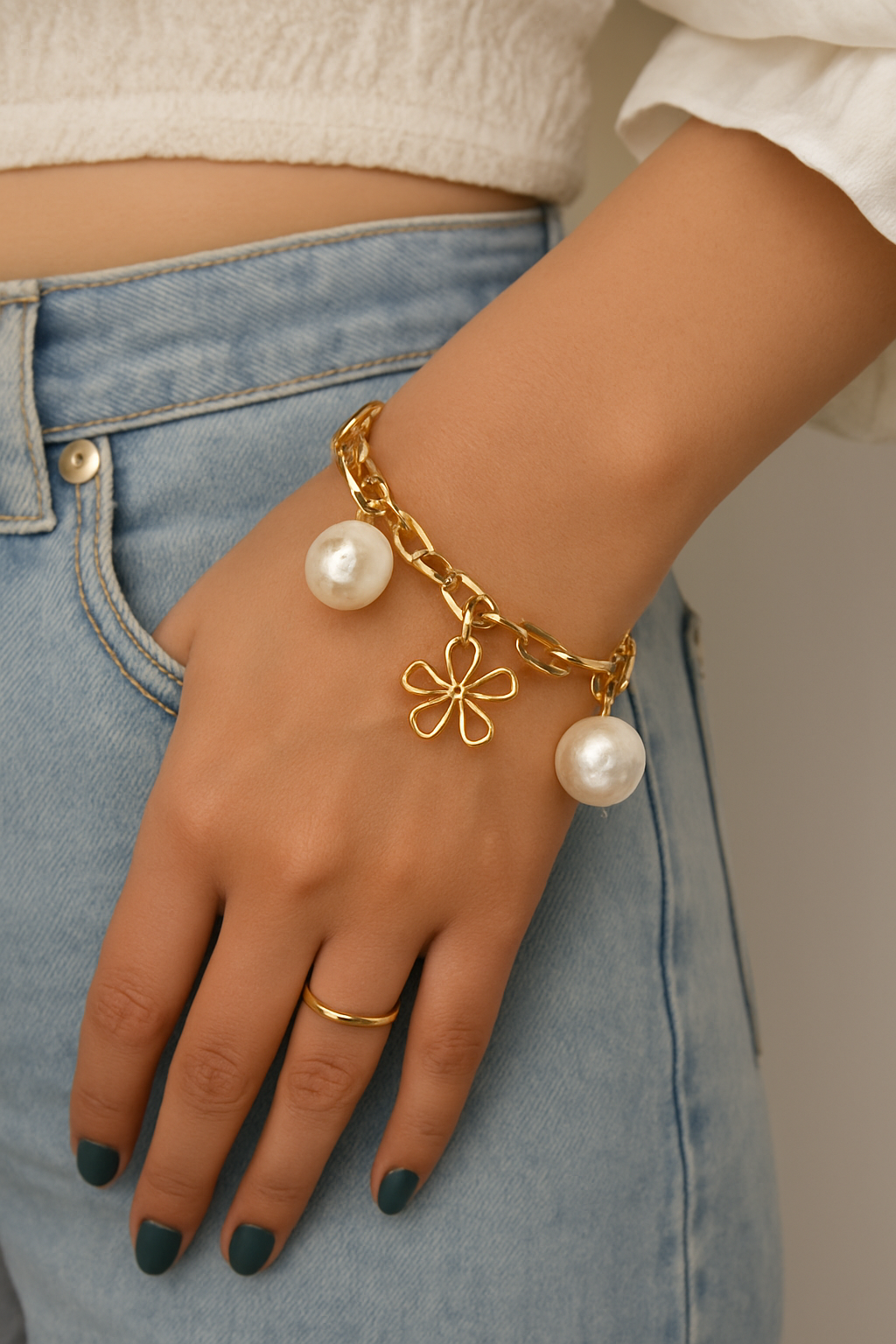 Gold Chain Bracelet with Pearls and Flower Charm