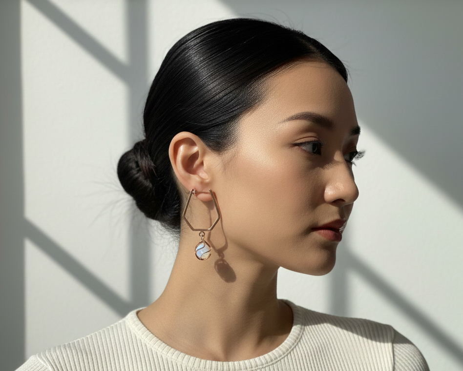 Geometric Gold Earrings with Moonstone