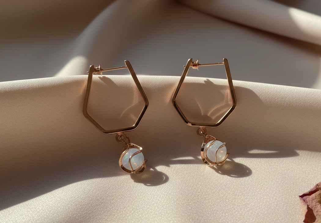 Geometric Gold Earrings with Moonstone