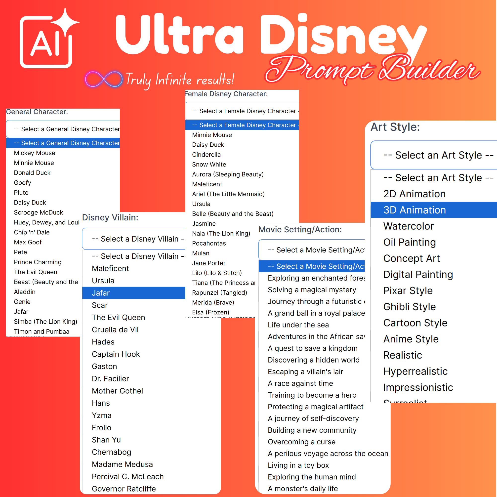 Ultra Disney prompts generator, clipart builder, prompt generator, google image generator, disney images