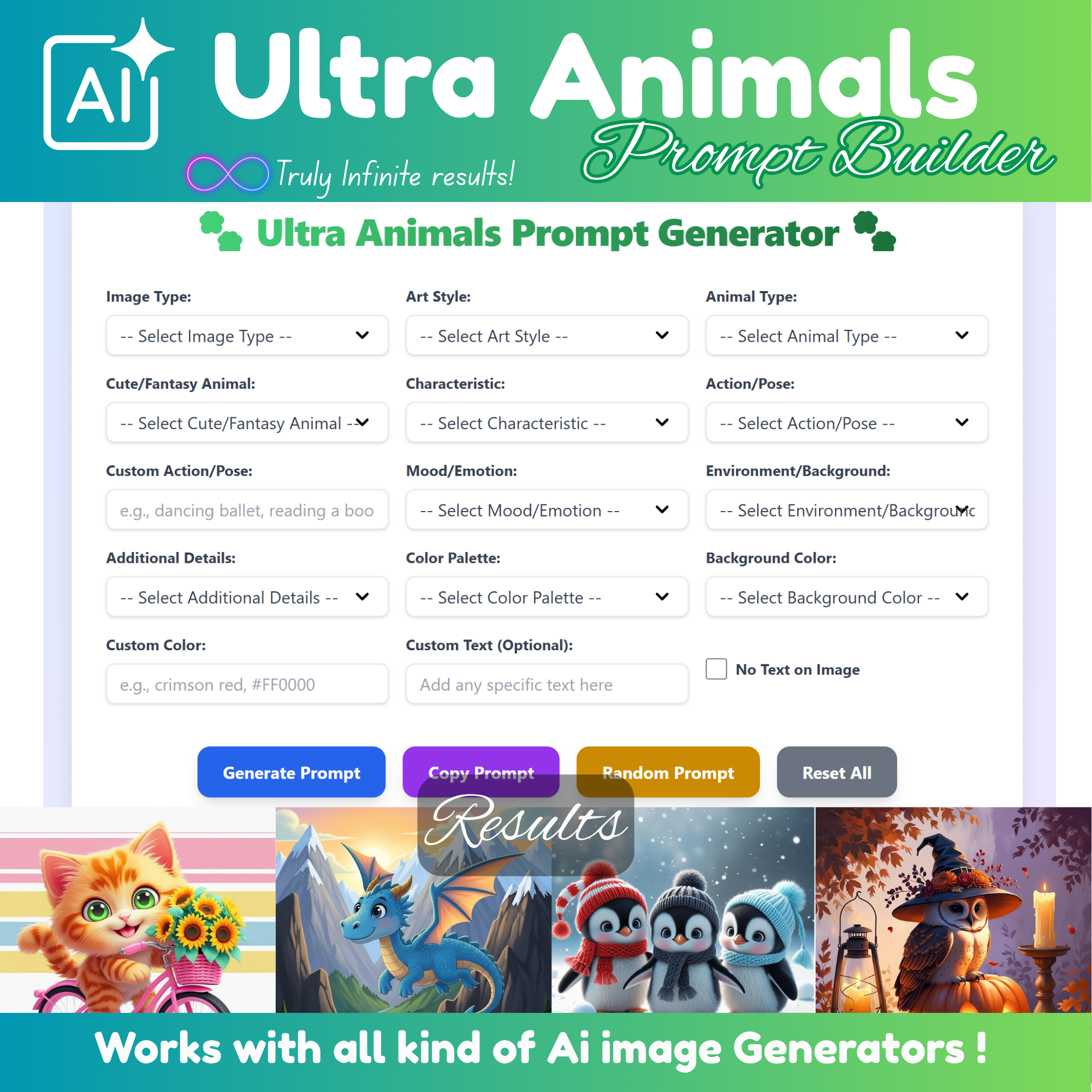 Animals prompts generator, animal clipart builder, prompt generator, google image generator