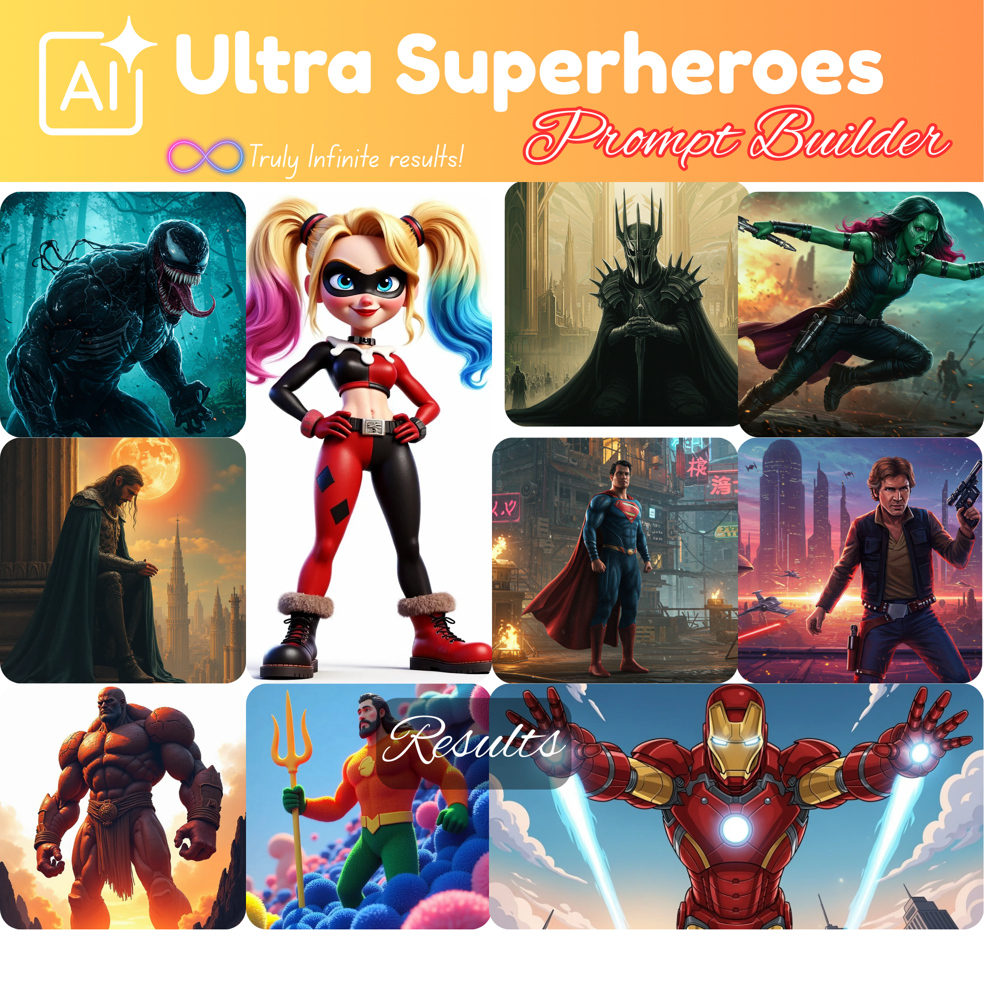 Superheroes prompts generator, clipart builder, clipart builder, prompt generator, google image generator