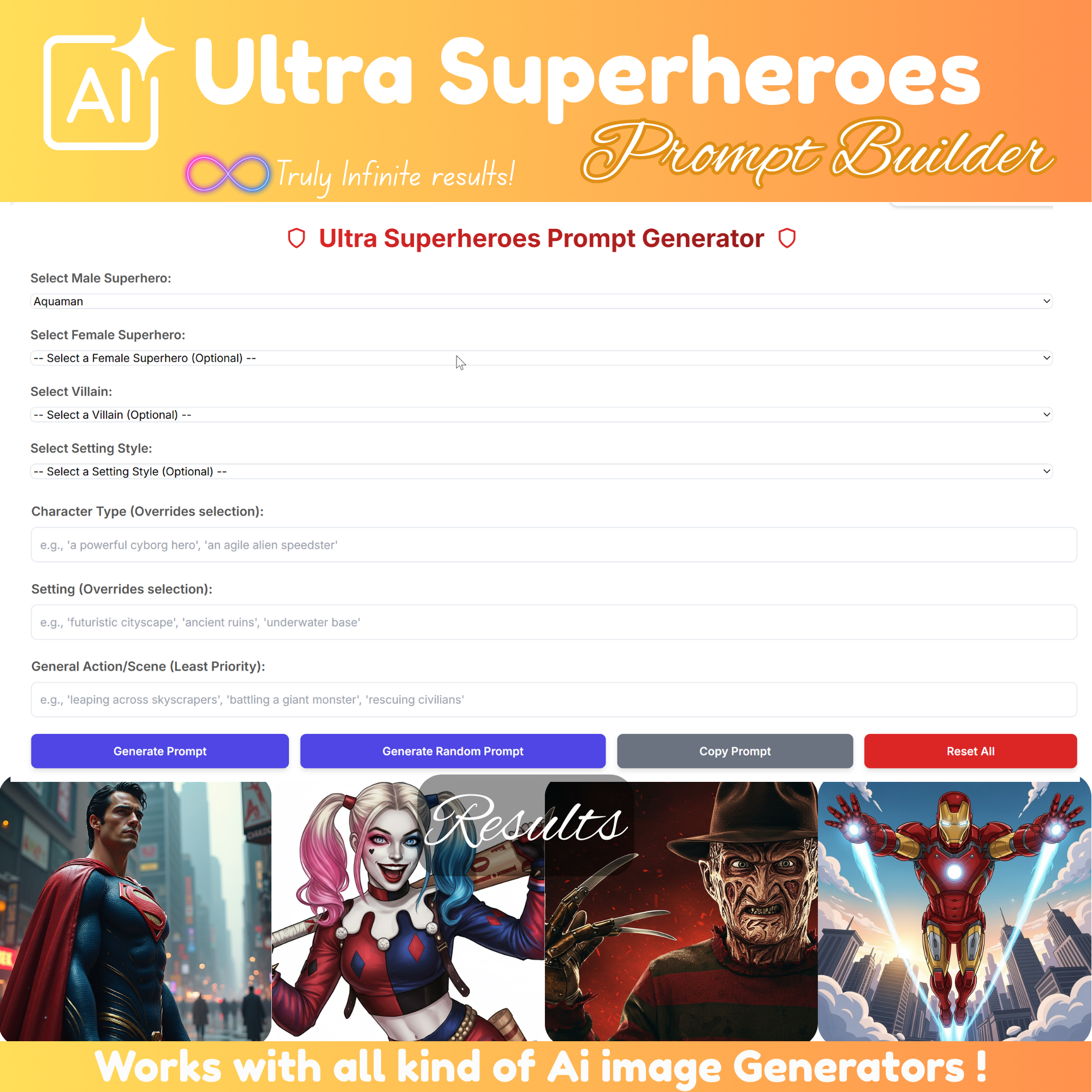Superheroes prompts generator, clipart builder, clipart builder, prompt generator, google image generator