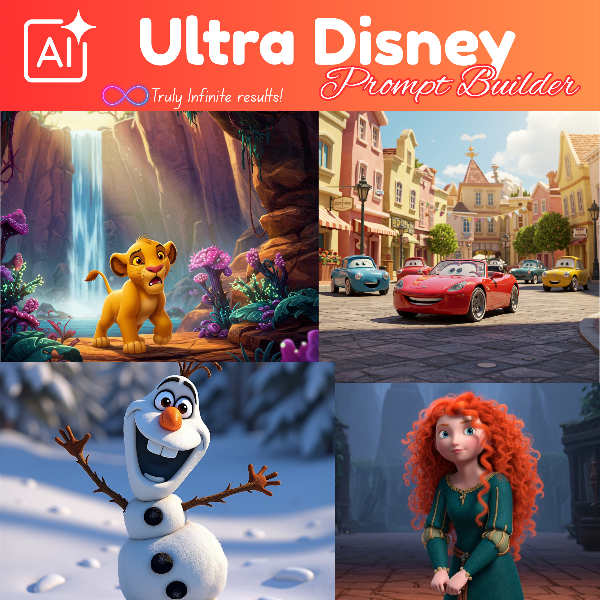 Ultra Disney prompts generator, clipart builder, prompt generator, google image generator, disney images