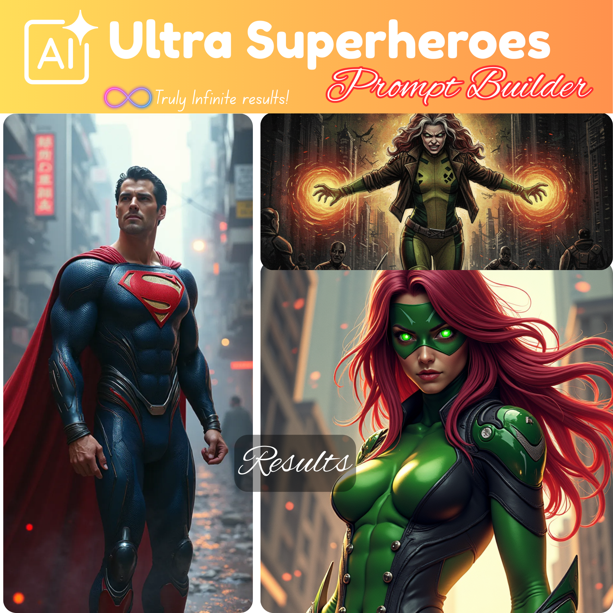 Superheroes prompts generator, clipart builder, clipart builder, prompt generator, google image generator