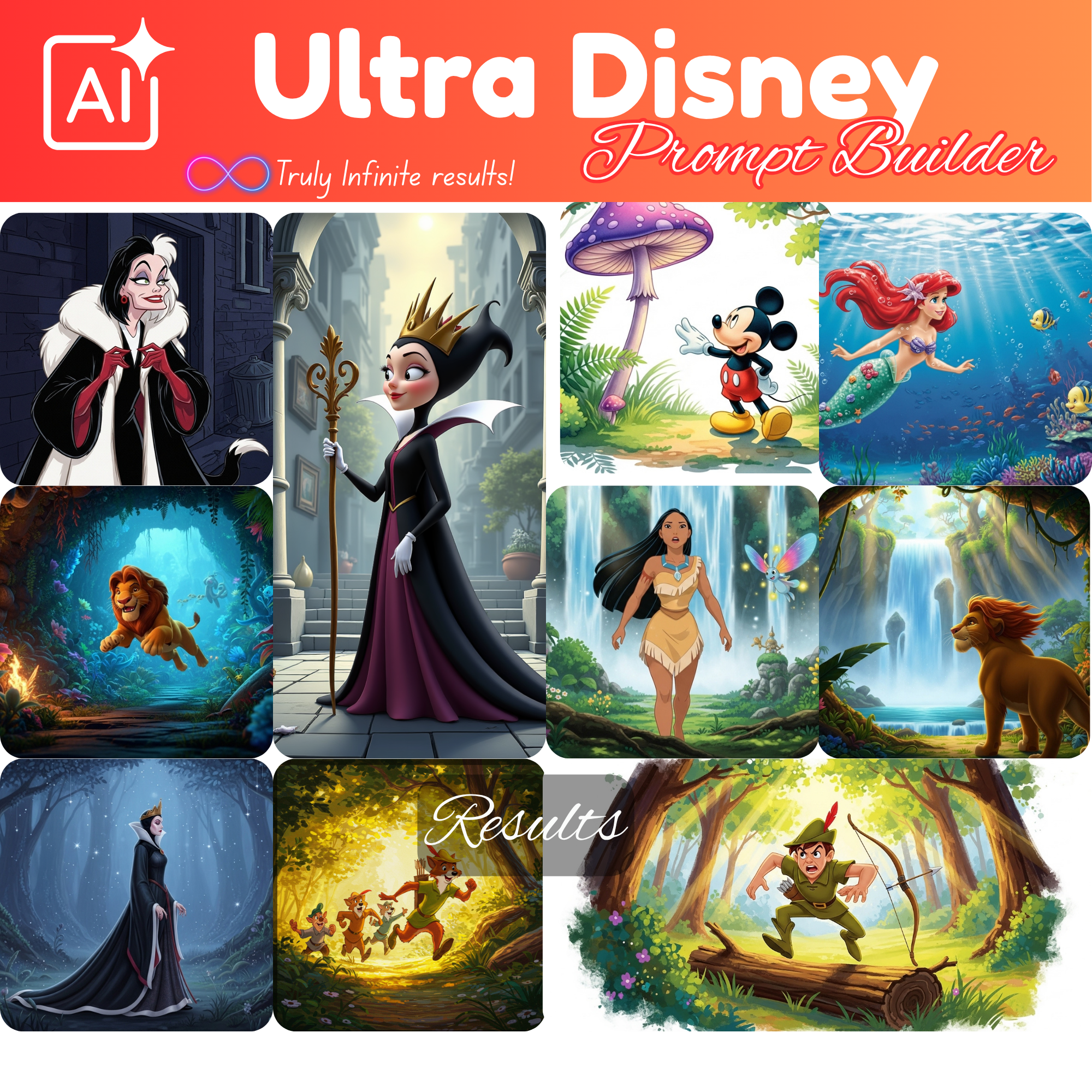 Ultra Disney prompts generator, clipart builder, prompt generator, google image generator, disney images