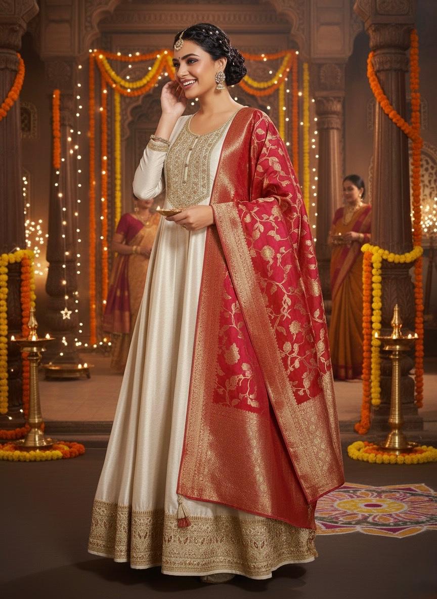 Elegant Cream and Red Anarkali Dress