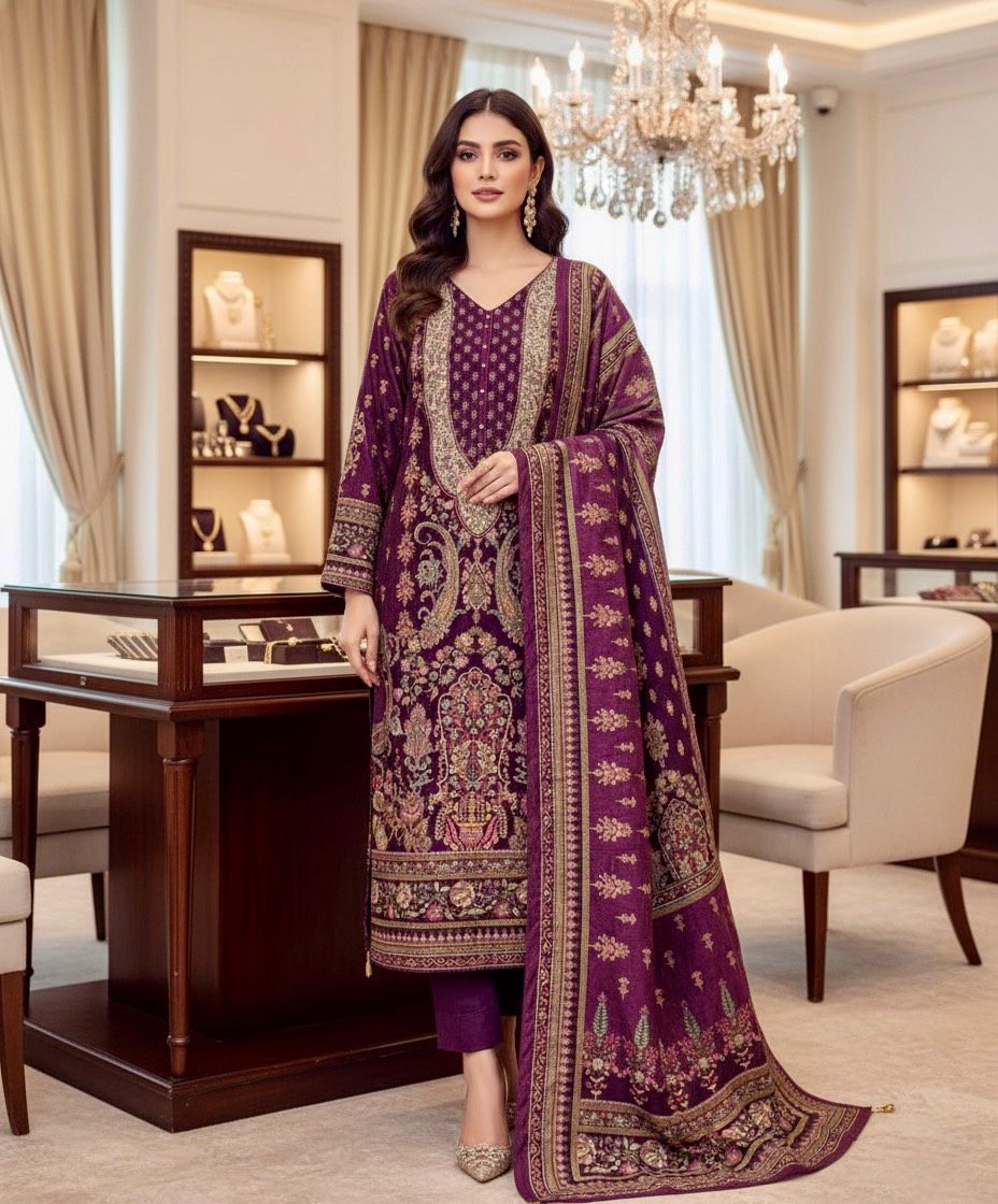 Purple Embroidered Velvet Traditional Party Suit