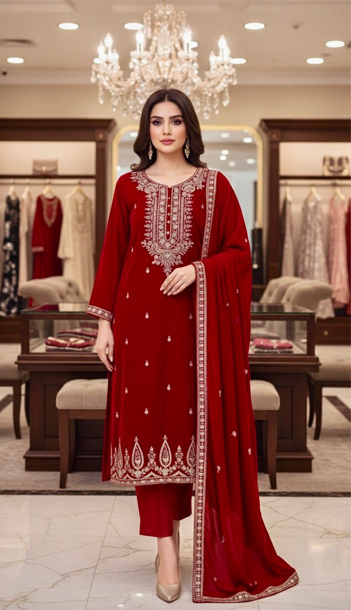 Elegant Red Embroidered Velvet Party Suit