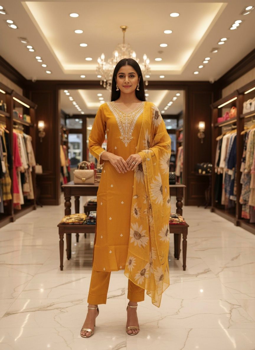 Embroidered Mustard Three-Piece Suit