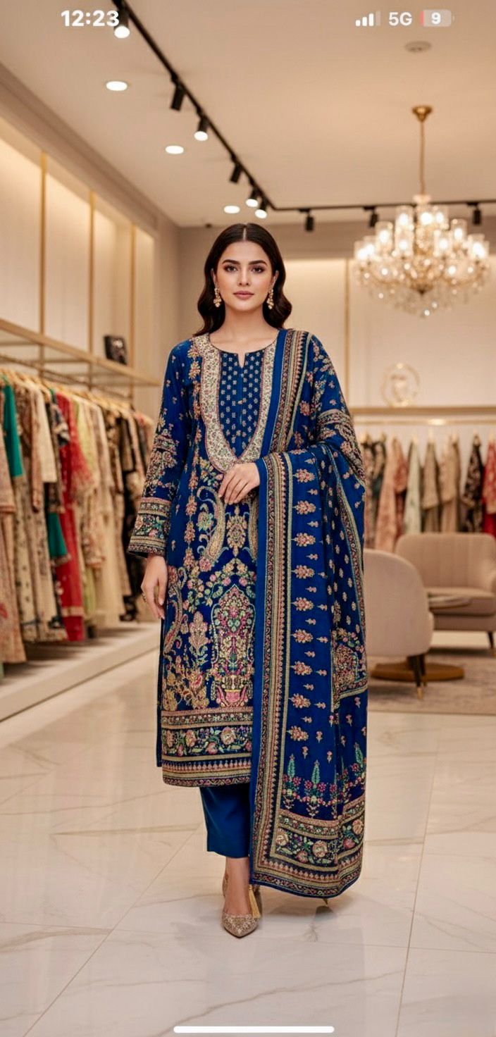 Embroidered Blue Festive Suit Velvet