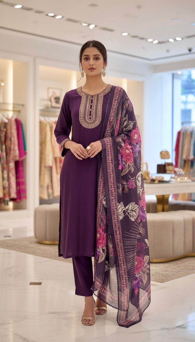 Purple Embroidered Suit Set