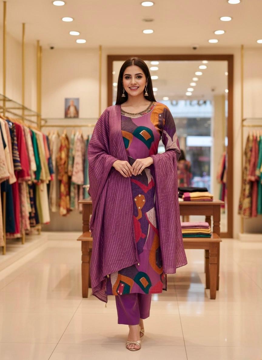 Purple Abstract Printed Suit Set