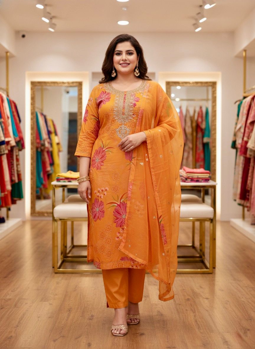 Orange Floral Embroidered Kurta Set