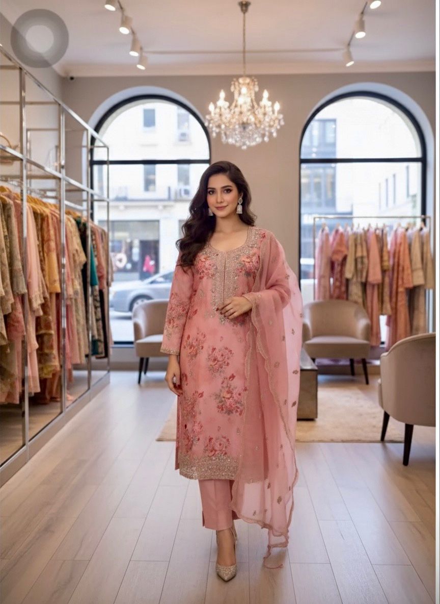 Embroidered Peach Traditional Suit