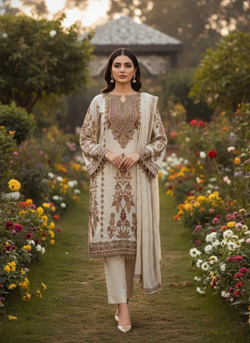 Crepe Silk Pista Grey Pakistani Styled Set