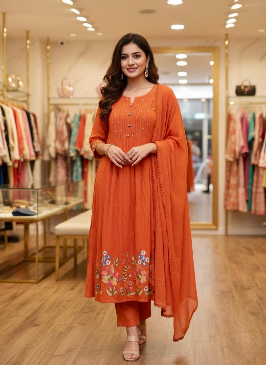 Embroidered Orange Three-Piece Suit