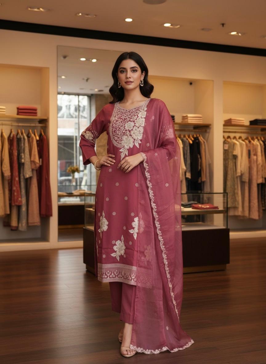 Embroidered Mauve Three-Piece Suit