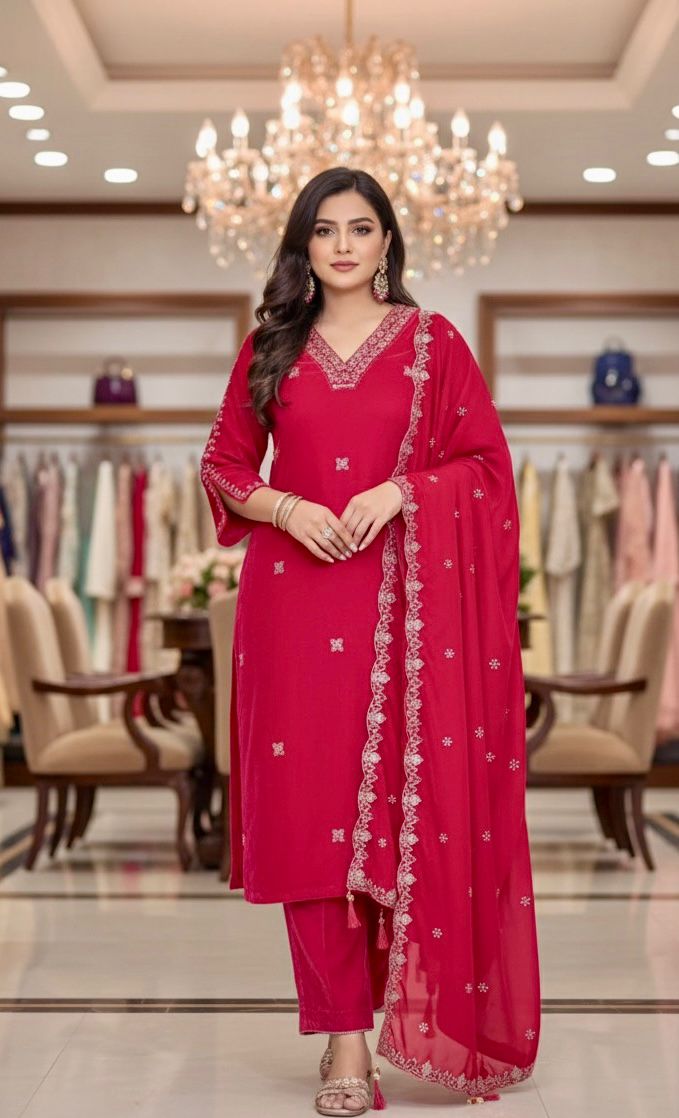 Embroidered Pink Red Velvet Party Suit