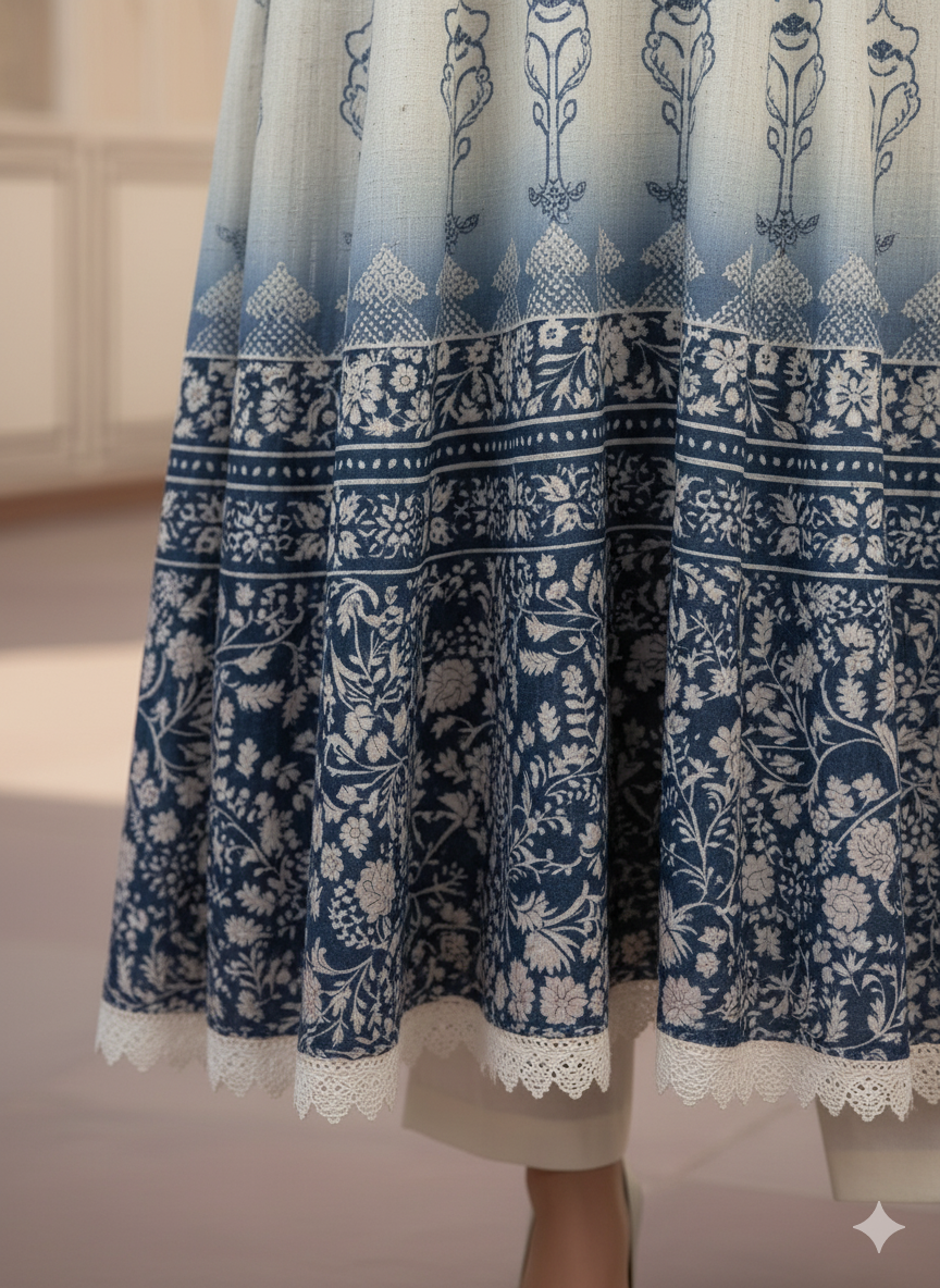Elegant Cotton Blue  Ombre Printed Long Kurta Set