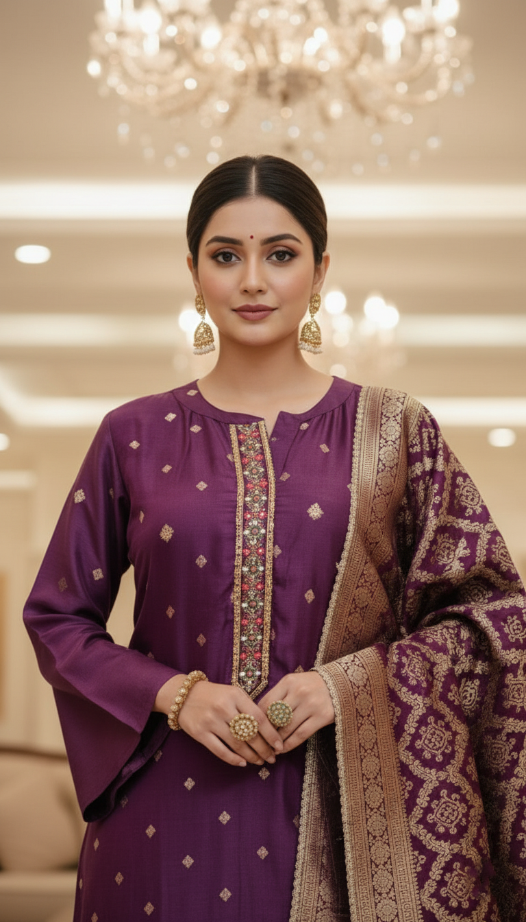 Ghoda Palki Embroidered Purple Dola Silk Ethnic Suit