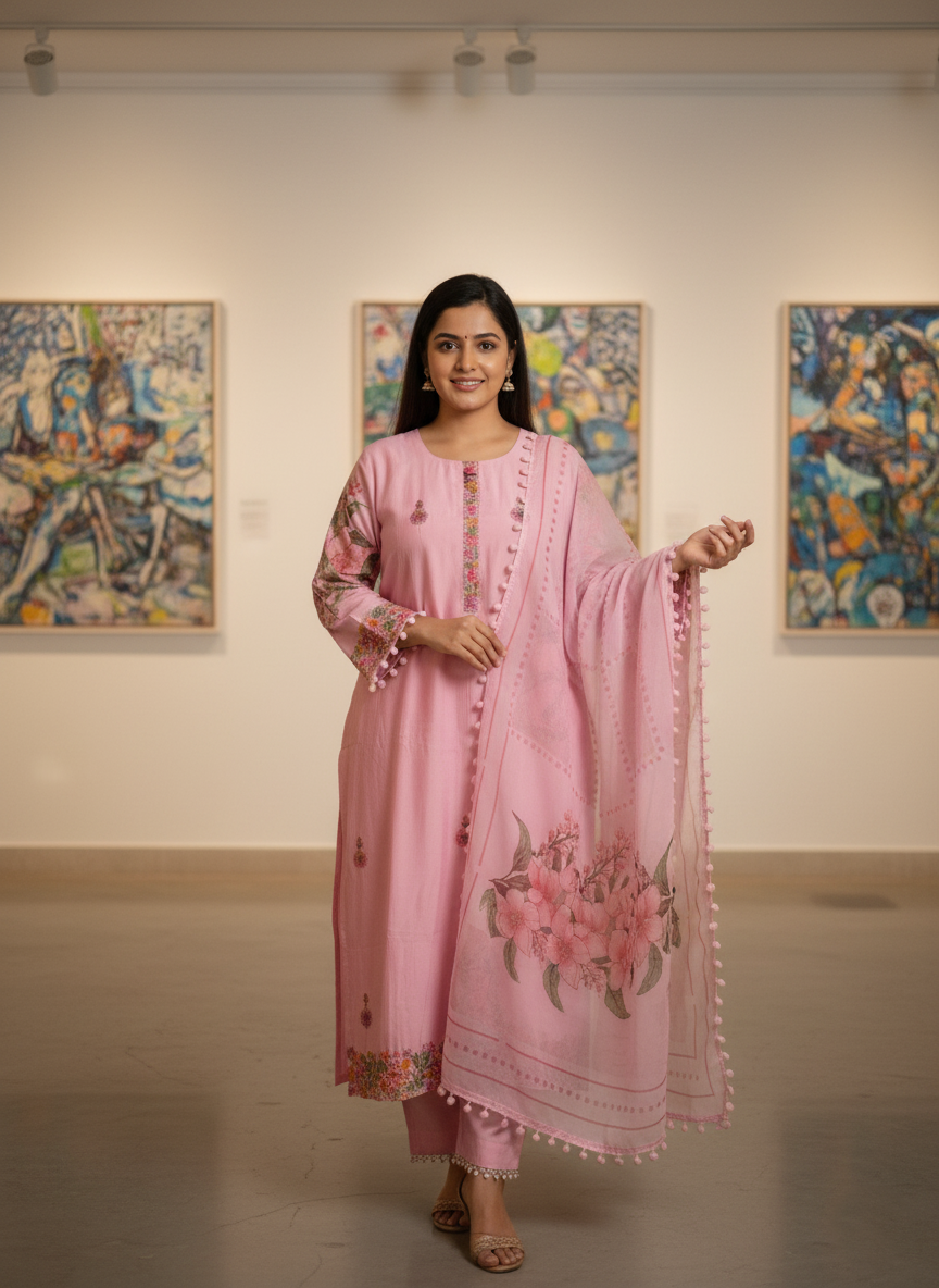 Embroidered Silk Cotton Pink Kurta Set
