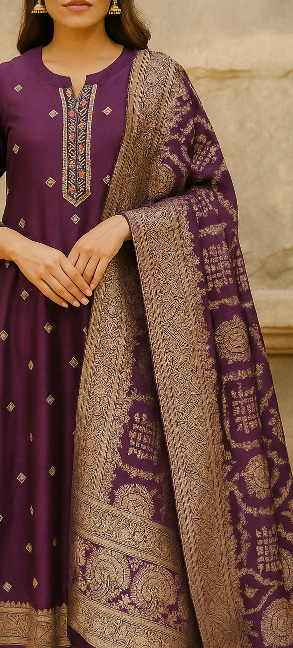 Ghoda Palki Embroidered Purple Dola Silk Ethnic Suit