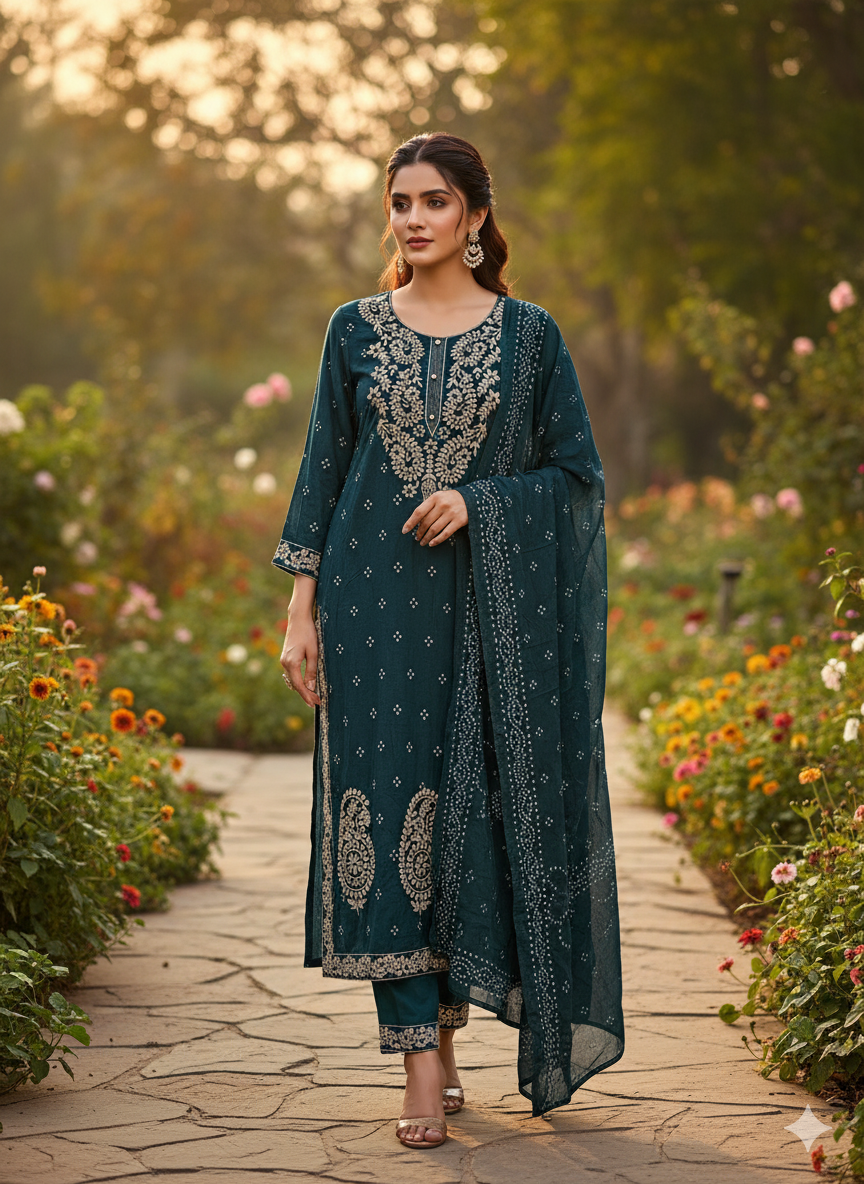 Teal Mul Cotton White Embroidered Kurta
