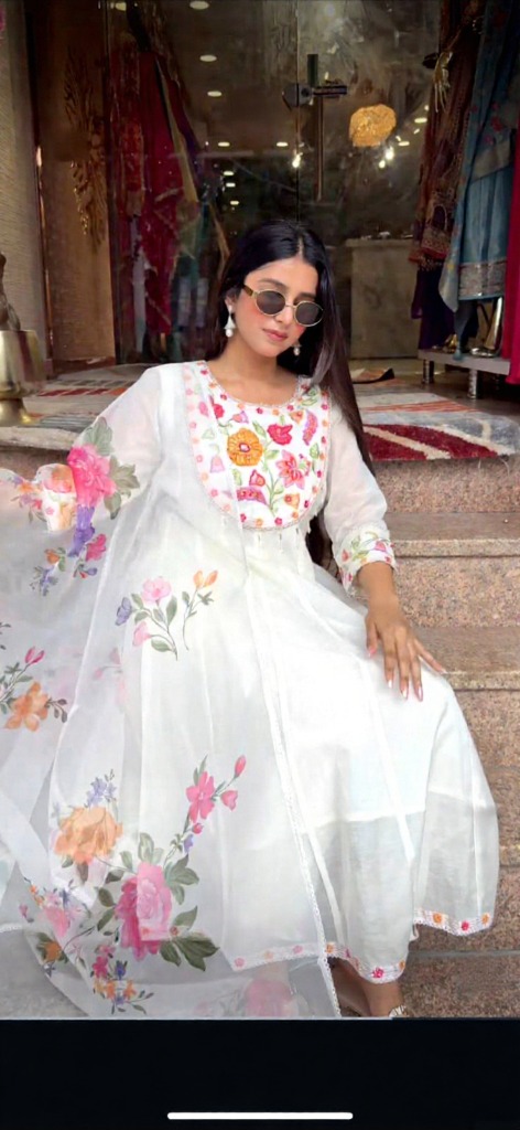 Mul-Chanderi Floral Embroidered White Anarkali Dress