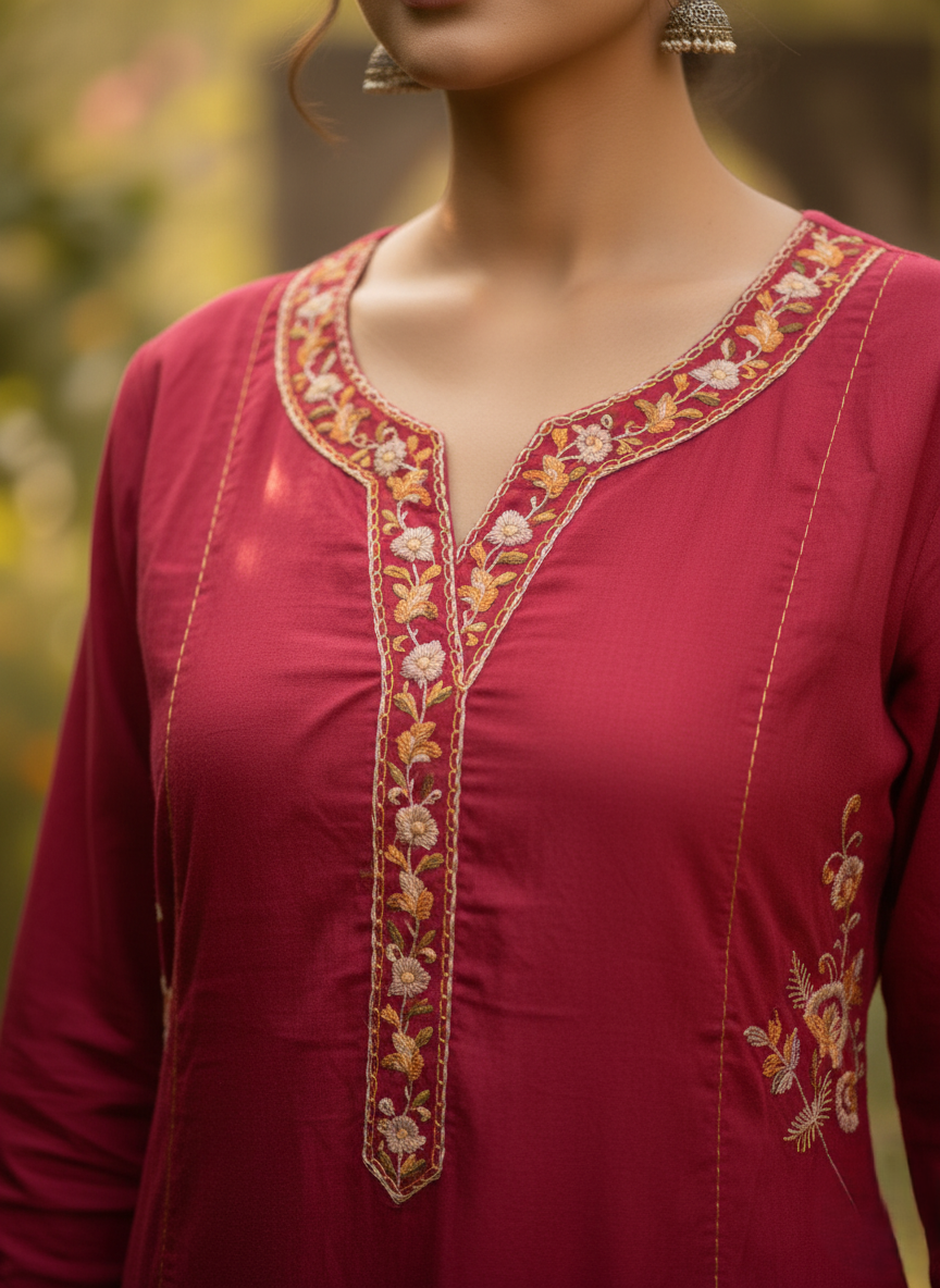 Embroidered Calcutta Cotton Pink Maroon 3 Piece Kurta Set