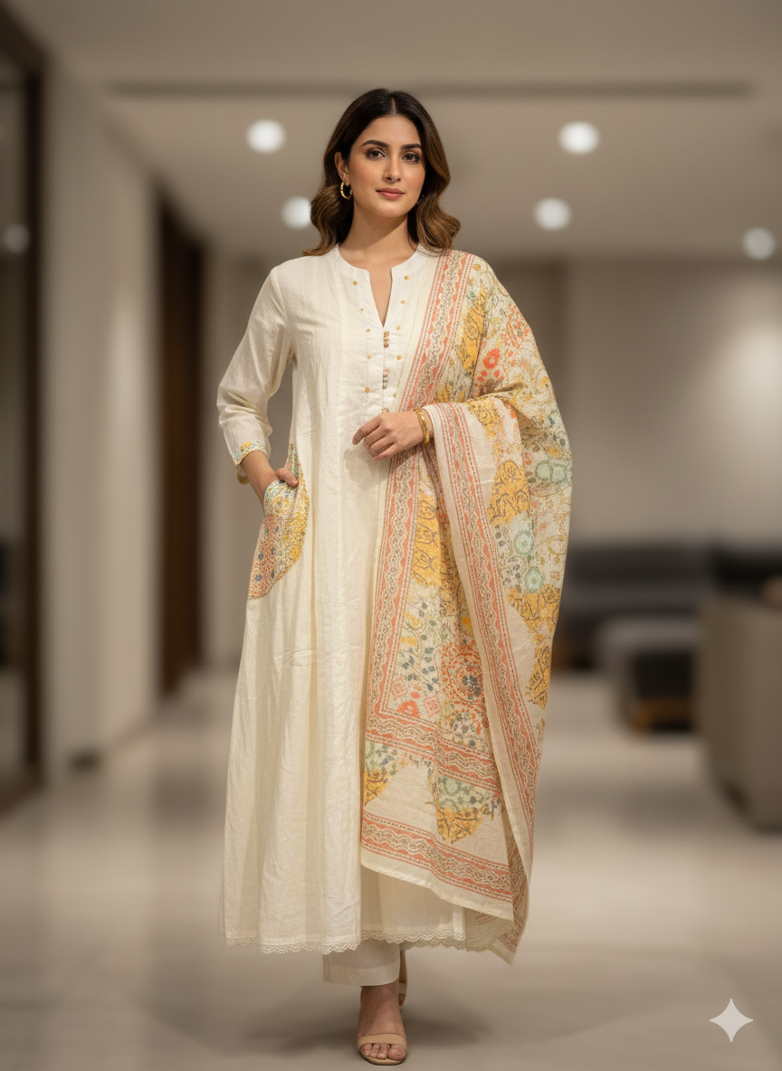 Elegant Designer Silk Cotton 3 piece Suit with pocket 