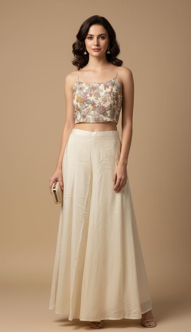 Elegant Cream Floral Embroidered Koti Palazzo Set