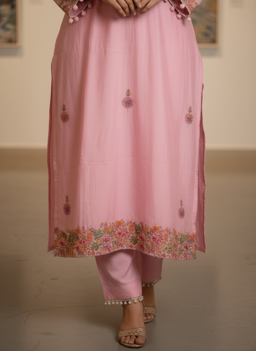 Embroidered Silk Cotton Pink Kurta Set